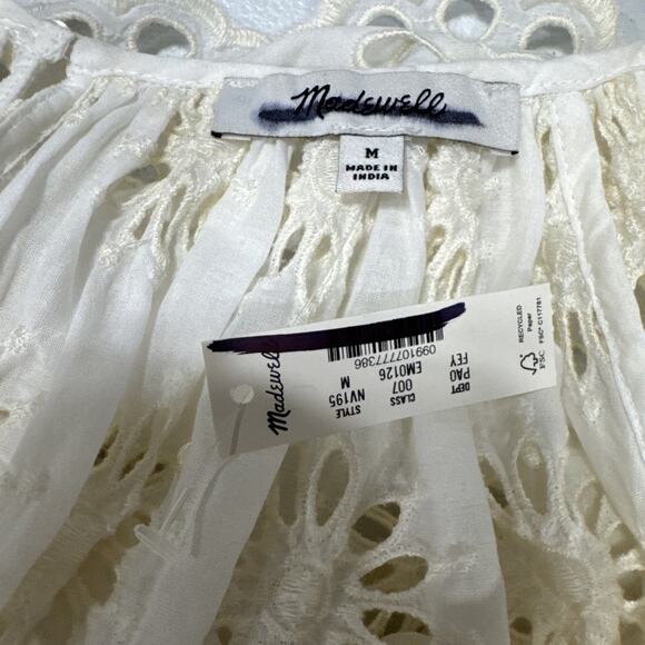 MADEWELL Embroidered Shirred Puff-Sleeve Top M Floral Eyelet Ivory Boho Peasant - Picture 6 of 12